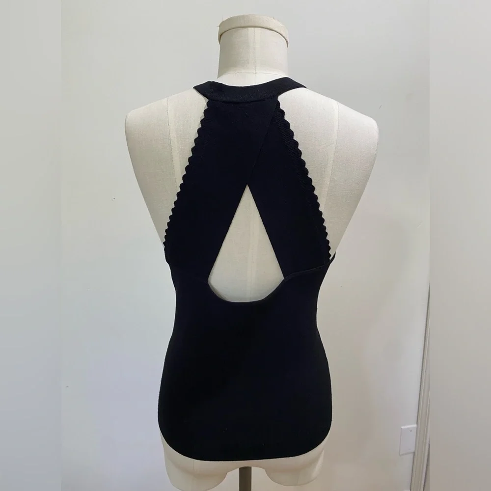 Autumn Cashmere Black Knit Tank Top Scallop Trim Cutout Back Italian Yarn Sz Med - Picture 5 of 6